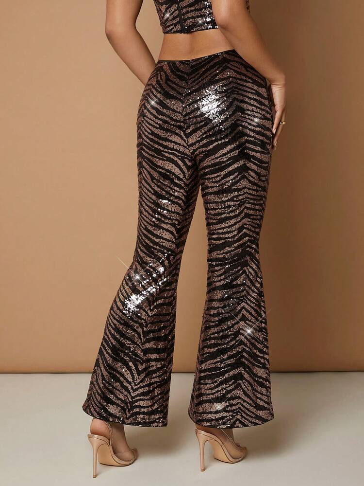 Christmas Zebra Striped Sequin Flare Leg Pants