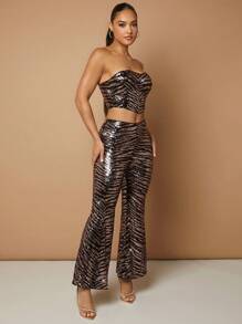 SHEIN BAE Christmas Zebra Striped Sequin Flare Leg Pants - Multicolor - View 3