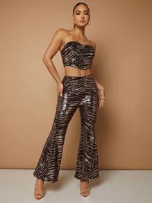 SHEIN BAE Christmas Zebra Striped Sequin Flare Leg Pants - Multicolor - View 5