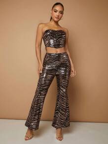 SHEIN BAE Christmas Zebra Striped Sequin Flare Leg Pants - Multicolor - View 6