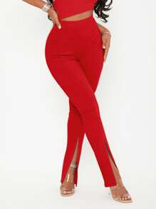 SHEIN SXY Pantalones de talle alto bajo con abertura - Rojo - Ver 1
