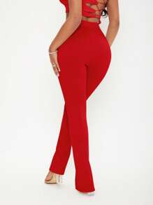 SHEIN SXY Pantalones de talle alto bajo con abertura - Rojo - Ver 2