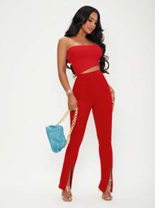 SHEIN SXY Pantalones de talle alto bajo con abertura - Rojo - Ver 3