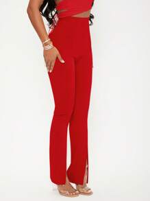 SHEIN SXY Pantalones de talle alto bajo con abertura - Rojo - Ver 4