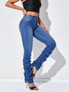 SHEIN Essnce 毛邊緊身褶皺牛仔褲 - 中等水洗藍 - 查看 5