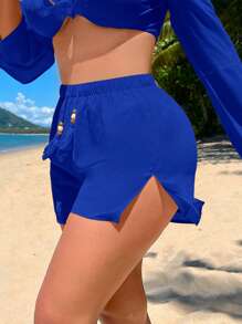 SHEIN SXY 素色下擺開叉短褲 - 寶藍色 - 查看 1