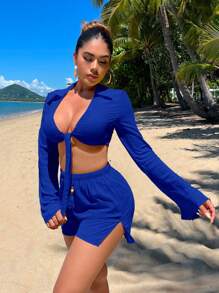 SHEIN SXY 素色下擺開叉短褲 - 寶藍色 - 查看 5