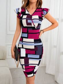 SHEIN Clasi Vestido ajustado con estampado geométrico ribete con fruncido - Multicolor - Ver 1