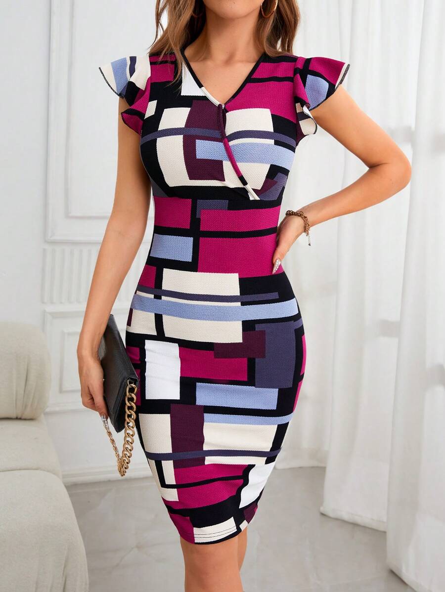 SHEIN Clasi Vestido ajustado con estampado geométrico ribete con fruncido - Multicolor - Ver 1