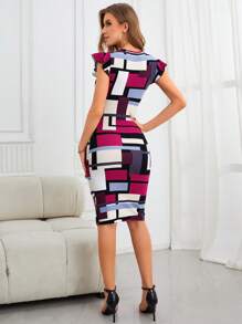 SHEIN Clasi Vestido ajustado con estampado geométrico ribete con fruncido - Multicolor - Ver 2