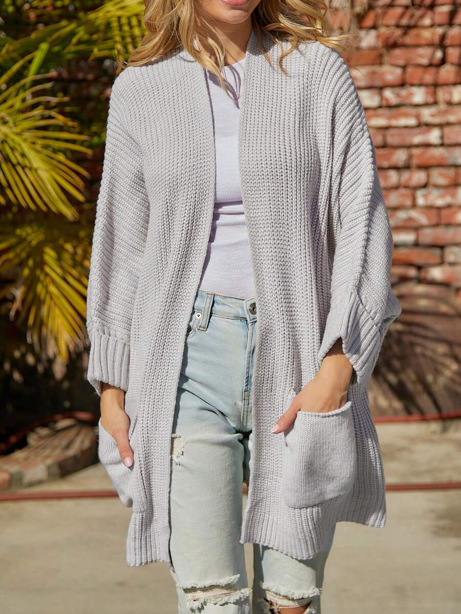 CILKOO 蝙蝠袖口袋貼布開襟開衫 - 卡其色 - 查看 1