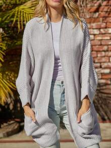 CILKOO 蝙蝠袖口袋貼布開襟開衫 - 卡其色 - 查看 3