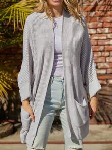 CILKOO 蝙蝠袖口袋貼布開襟開衫 - 卡其色 - 查看 5