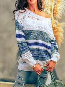 CILKOO Space Dye Hollow-Out Knit Off-Shoulder Sweater - Multicolor - View 3