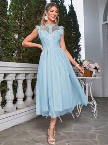 Simplee Váy phù dâu Tương phản ren Xù Dây kéo màu trơn - Màu xanh nhạt - Xem 1