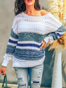 CILKOO Space Dye Hollow-Out Knit Off-Shoulder Sweater - Multicolor - View 4