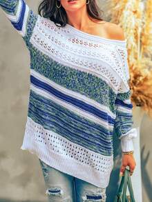 CILKOO Space Dye Hollow-Out Knit Off-Shoulder Sweater - Multicolor - View 5