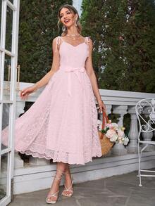 Simplee Tie Shoulder Belted Lace Cami Dress - Pink - View 6