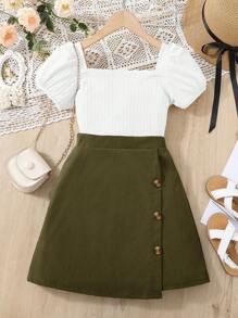 SHEIN Chemise À Manches Bouffantes Et Col Carré Pour Pré-adolescente Avec Jupe Et Bouton