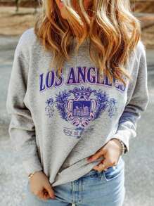 CILKOO Letter Graphic Drop Shoulder Sweatshirt - Grey - View 1