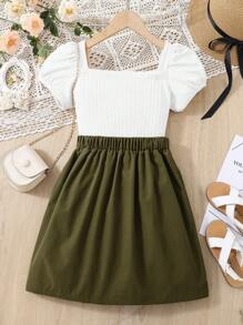 SHEIN Chemise À Manches Bouffantes Et Col Carré Pour Pré-adolescente Avec Jupe Et Bouton