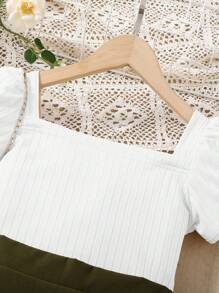 SHEIN Chemise À Manches Bouffantes Et Col Carré Pour Pré-adolescente Avec Jupe Et Bouton