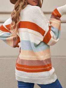CILKOO Damen Kontrast-Farbige Loose Fit Crew Neck Pullover mit Dropped Shoulder und Langarm - Orange - Übersicht 2