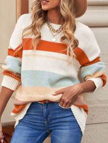 CILKOO Damen Kontrast-Farbige Loose Fit Crew Neck Pullover mit Dropped Shoulder und Langarm - Orange - Übersicht 4