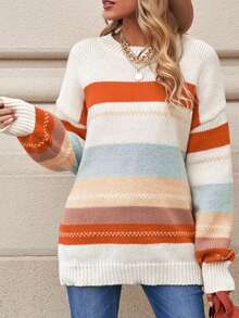CILKOO Damen Kontrast-Farbige Loose Fit Crew Neck Pullover mit Dropped Shoulder und Langarm - Orange - Übersicht 5