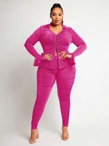 SHEIN SXY 大碼喇叭袖褶邊上衣和緊身褲 - 玫紅色 - 查看 1