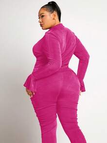 SHEIN SXY 大碼喇叭袖褶邊上衣和緊身褲 - 玫紅色 - 查看 2