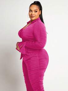 SHEIN SXY 大碼喇叭袖褶邊上衣和緊身褲 - 玫紅色 - 查看 3