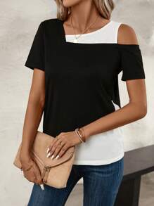 EMERY ROSE Colourblock Asymmetrical Neck Tee