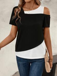 EMERY ROSE Colourblock Asymmetrical Neck Tee
