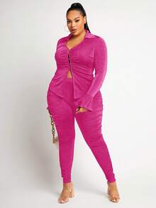 SHEIN SXY 大碼喇叭袖褶邊上衣和緊身褲 - 玫紅色 - 查看 4