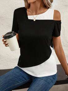 EMERY ROSE Colourblock Asymmetrical Neck Tee