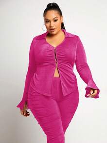 SHEIN SXY 大碼喇叭袖褶邊上衣和緊身褲 - 玫紅色 - 查看 5