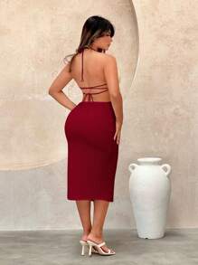 SHEIN SXY Cut Out Tie Backless Split Thigh Halter Dress - Burgundy - View 2