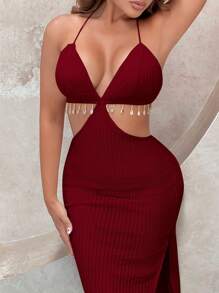SHEIN SXY Cut Out Tie Backless Split Thigh Halter Dress - Burgundy - View 3