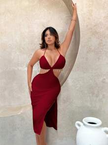 SHEIN SXY Cut Out Tie Backless Split Thigh Halter Dress - Burgundy - View 4