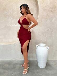 SHEIN SXY Cut Out Tie Backless Split Thigh Halter Dress - Burgundy - View 5