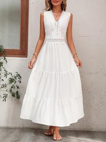 SHEIN VCAY Chèn ren Guipure Xù Hoa Sen Đầm - trắng - Xem 5