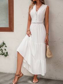 SHEIN VCAY Chèn ren Guipure Xù Hoa Sen Đầm - trắng - Xem 6