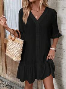 EMERY ROSE Flare Sleeve Ruffle Hem Kimono Summer - Black - View 1