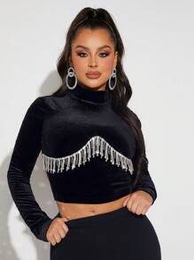 SHEIN SXY Rhinestone Fringe Trim Mock Neck Crop Tee