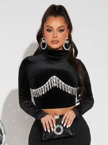 SHEIN SXY Rhinestone Fringe Trim Mock Neck Crop Tee