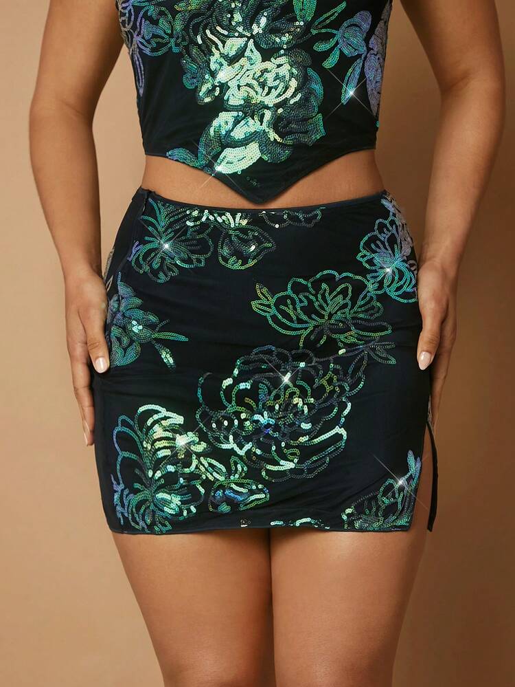 Christmas Floral Sequin Split Hem Bodycon Skirt