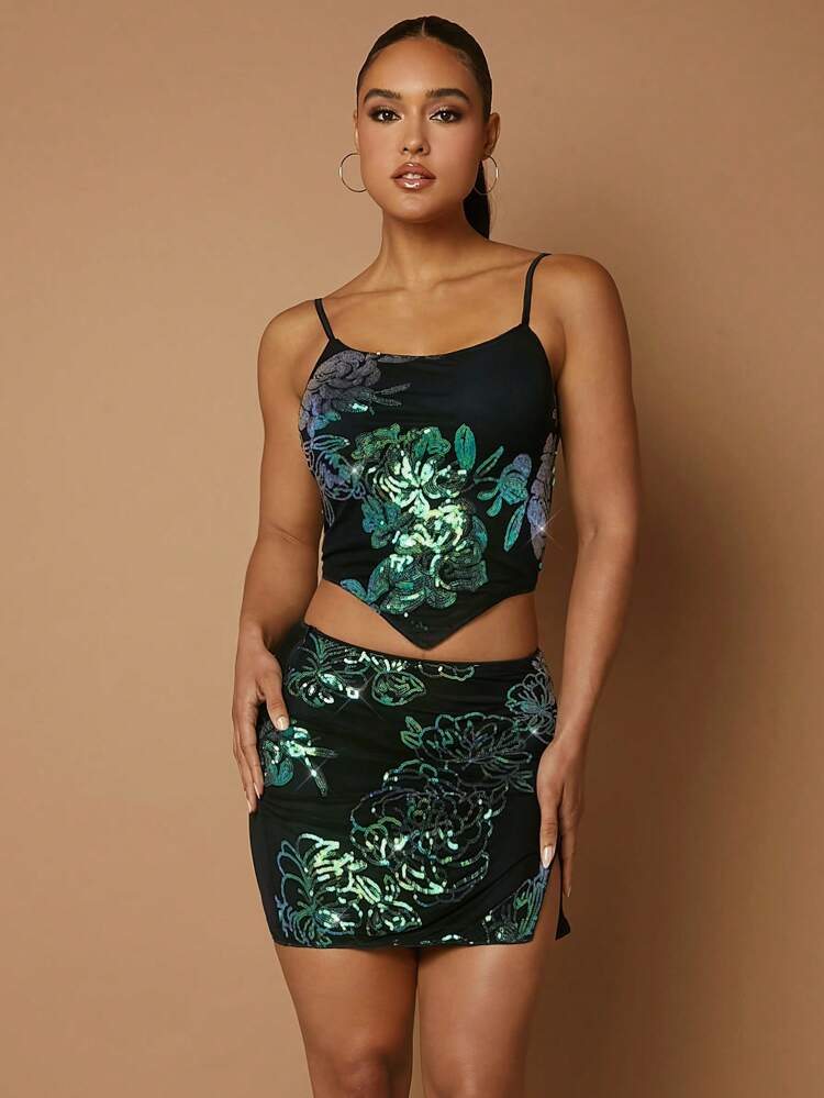 Christmas Floral Sequin Split Hem Bodycon Skirt