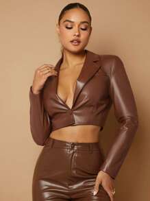 SHEIN BAE Lapel Neck Crop PU Leather Blazer - Coffee Brown - View 4