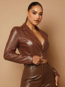 SHEIN BAE Lapel Neck Crop PU Leather Blazer - Coffee Brown - View 6